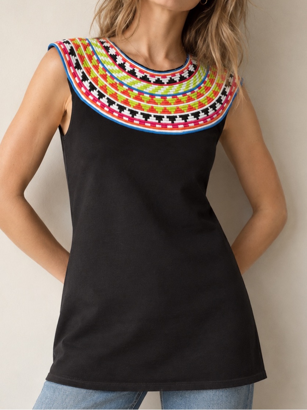 Soft Surroundings Black Embroidered Carnival Aztec Tunic Top Size Large